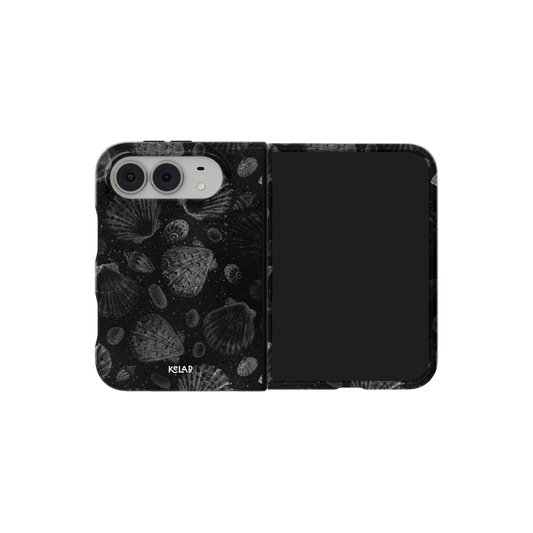 Black Seashell, Dark Coastal iPhone 18 Fold Case, unfolded side view showing the hinge