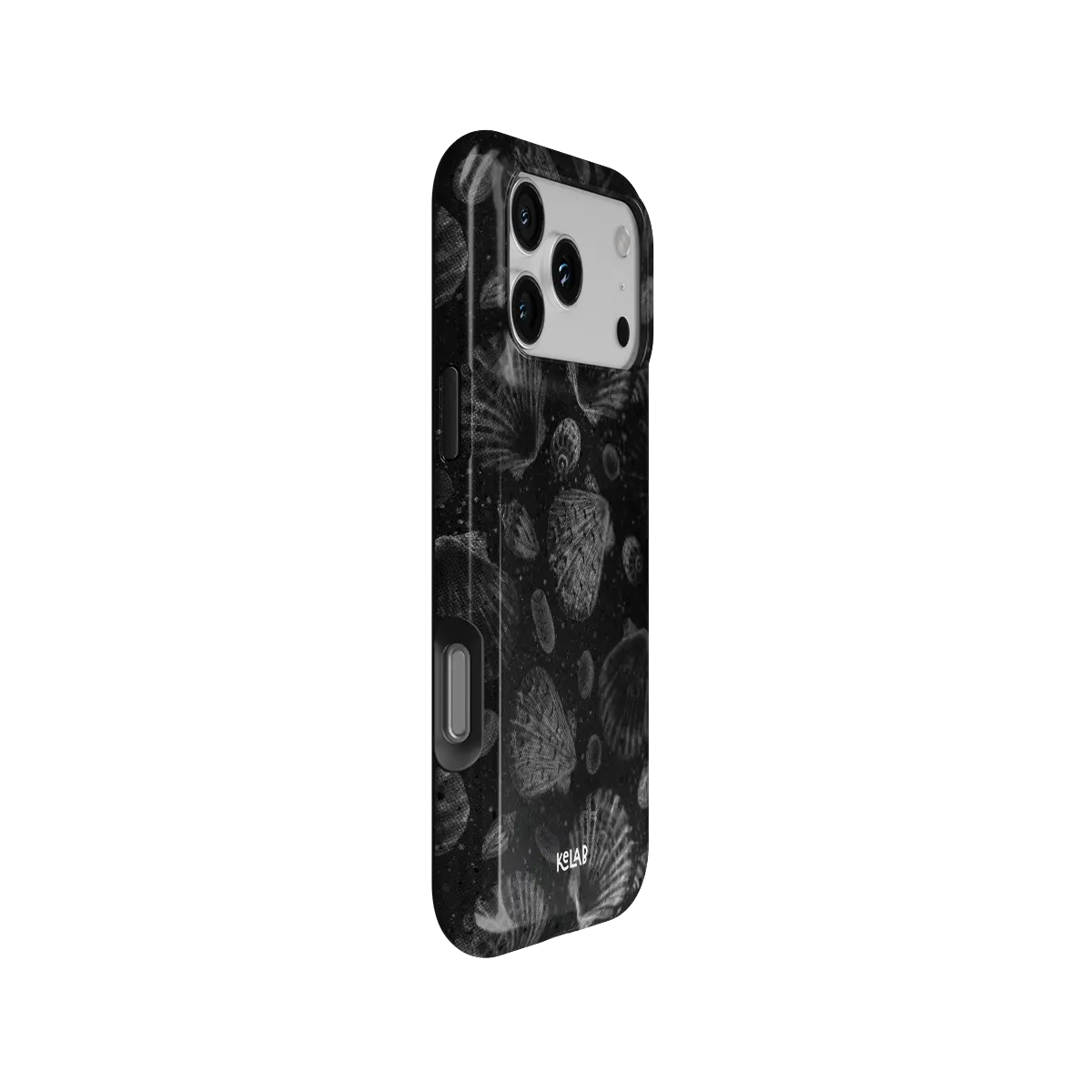 Black Seashell iPhone Case, side angle view showing precise button cutouts and wraparound edge