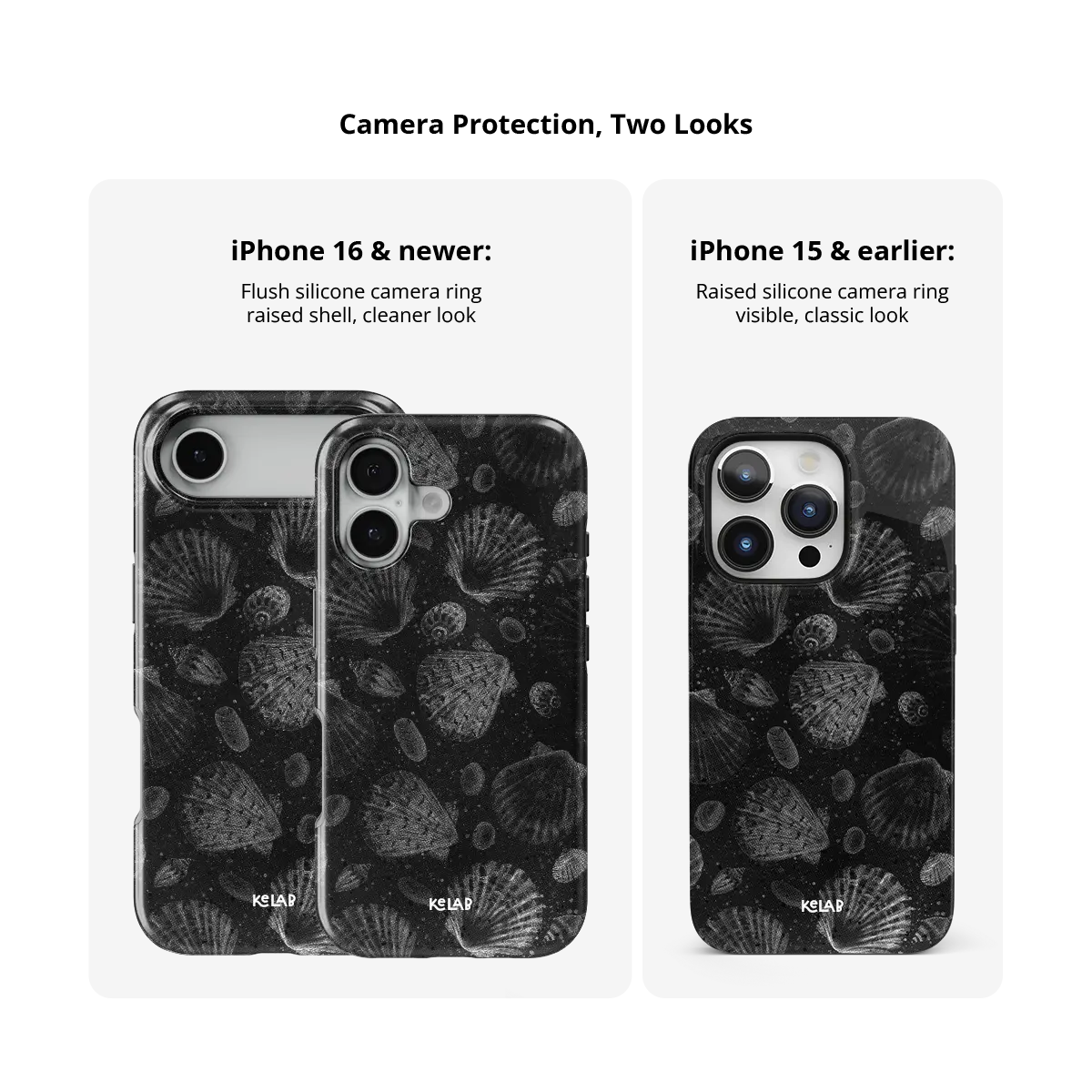 Black Seashell iPhone Case, camera protection and iPhone model size comparison
