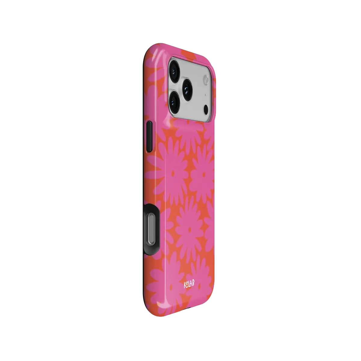 Sunflare Daisy pink daisy floral Tough iPhone case, side view showing the pattern wrapped around the shell.