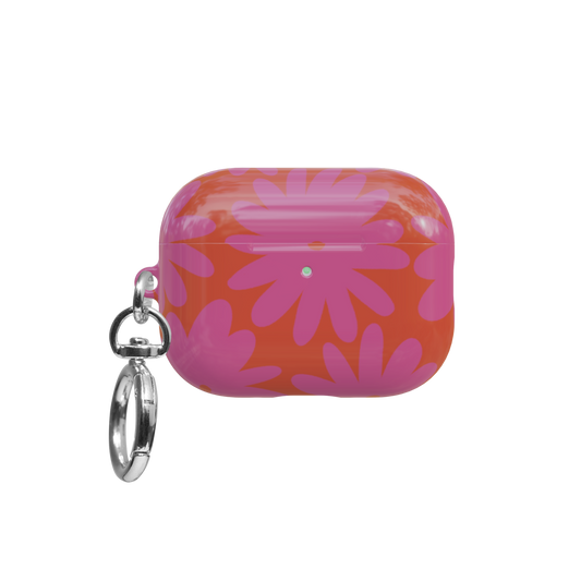 Pink Daisy Floral airpods pro case front view with closed lid and keychain