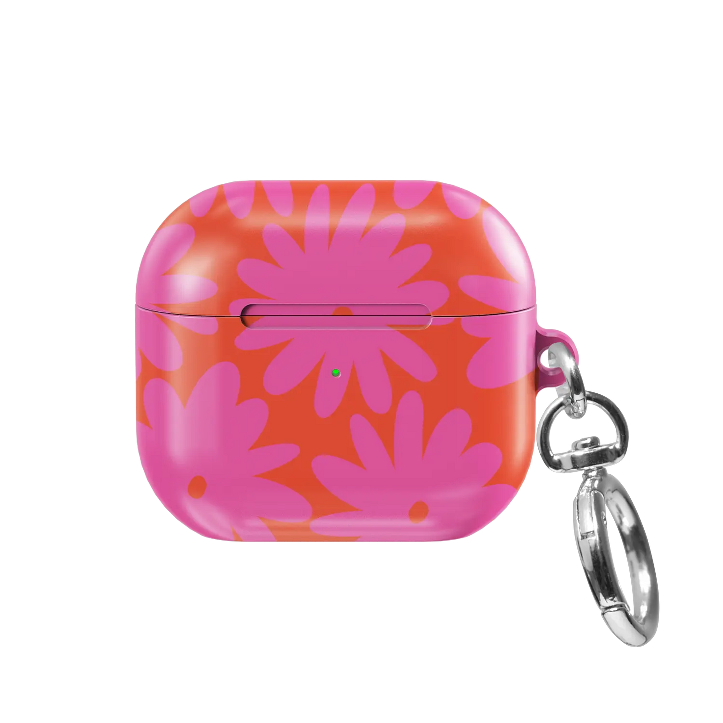 Sunflare Daisy AirPods case — front view showing bold pink daisy floral pattern with keychain clasp
