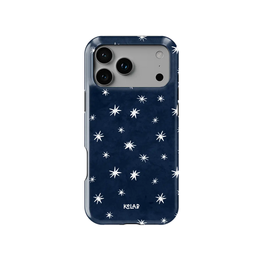 Starglimmer deep blue celestial star Tough iPhone case, front view showing the pattern.