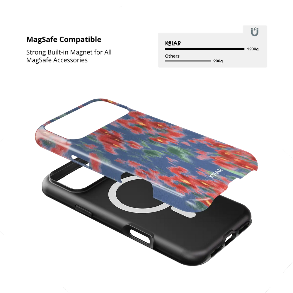 Chromaflash red floral Tough iPhone case with built-in strong MagSafe magnets.