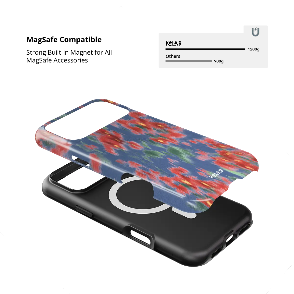 Chromaflash red floral Tough iPhone case with built-in strong MagSafe magnets.