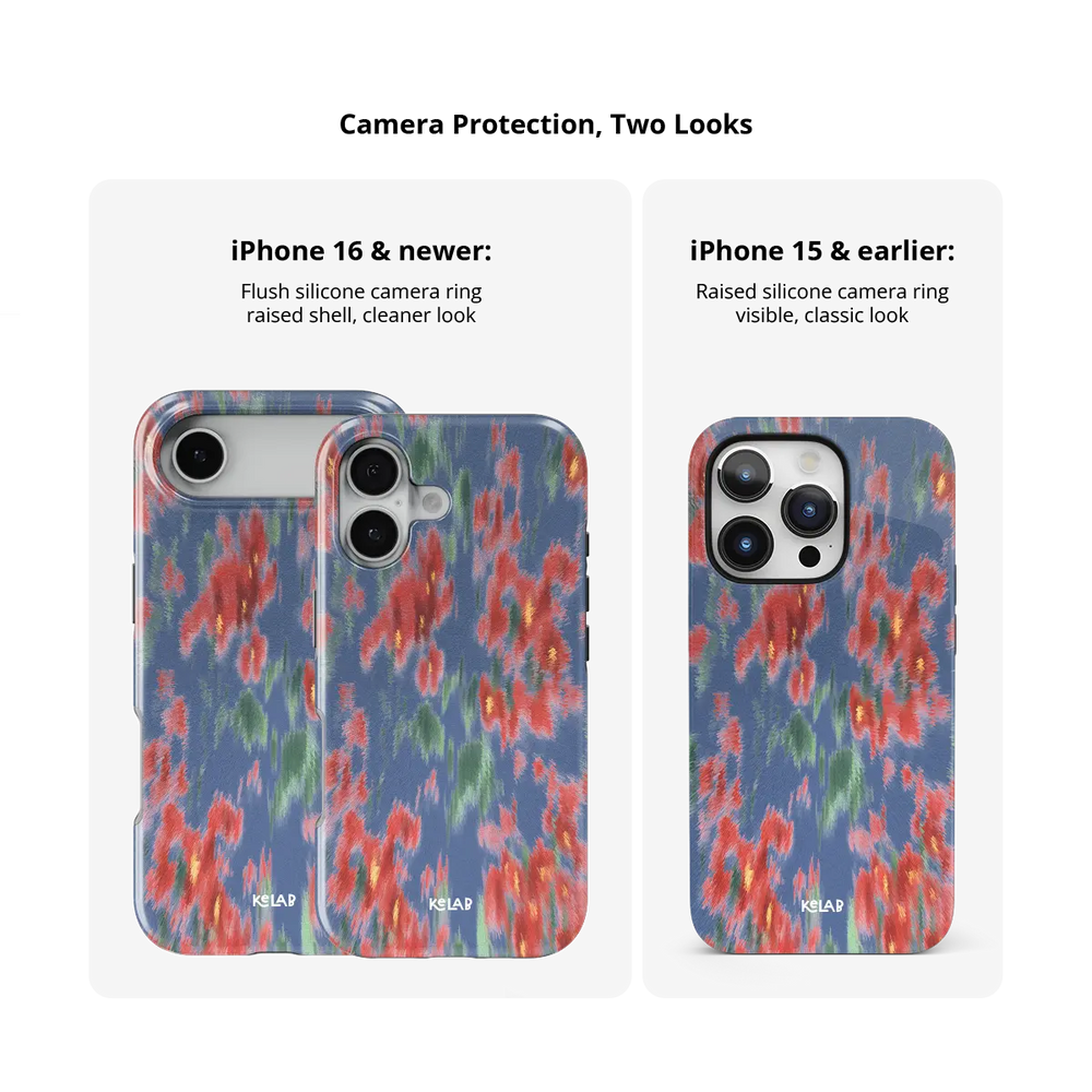 Chromaflash red floral Tough iPhone case size comparison across iPhone 15 to 18 models.