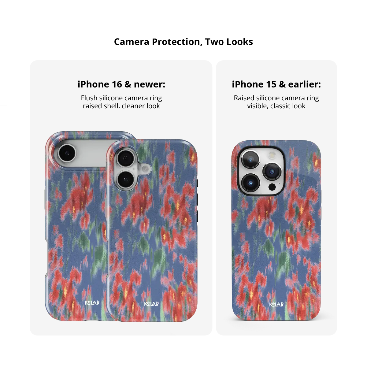 Chromaflash red floral Tough iPhone case size comparison across iPhone 15 to 18 models.