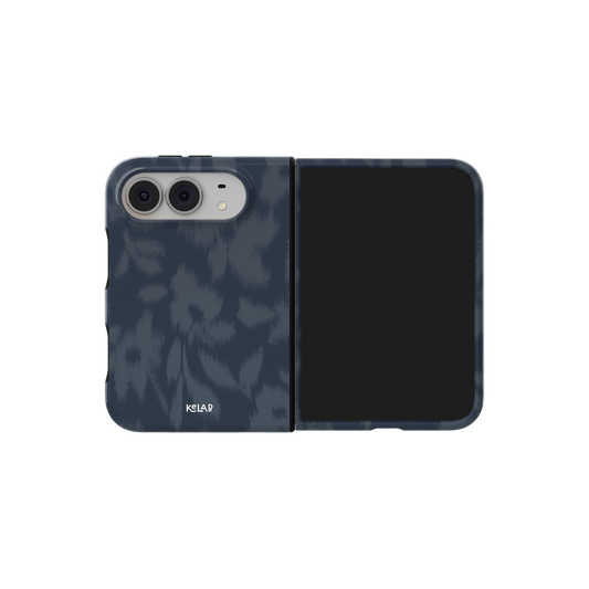Dark Blue Floral, Moody Navy Botanical iPhone 18 Fold Case, unfolded side view showing the hinge