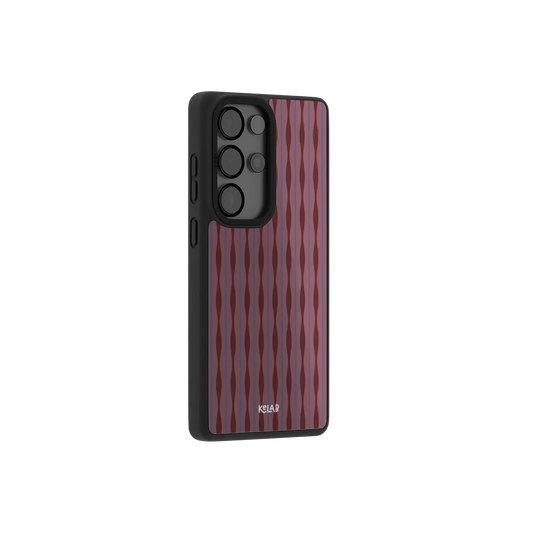 Burgundy wavy texture Samsung Galaxy case at a side angle showing the wrapped button covers