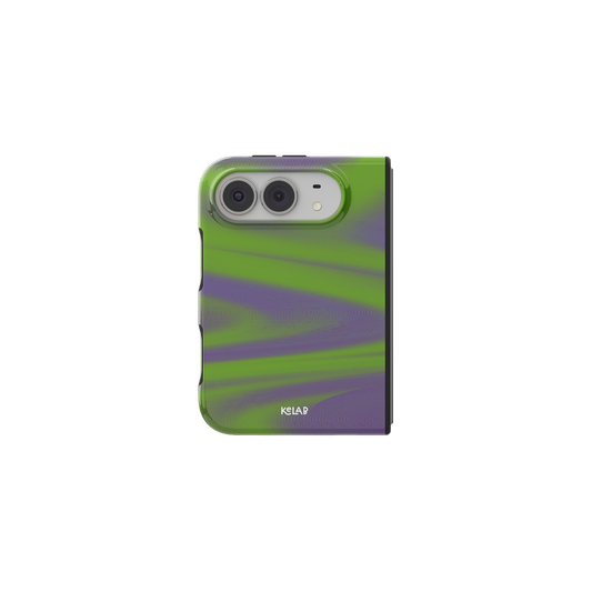 Y2K Neon Green Abstract Wave, Gradient iPhone 18 Fold Case, unfolded front view