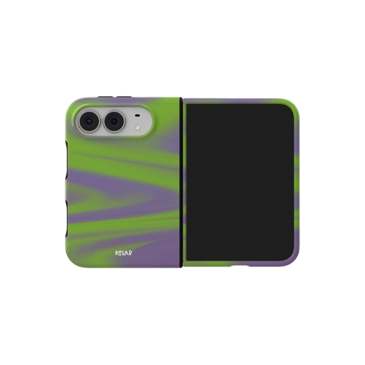 Y2K Neon Green Abstract Wave, Gradient iPhone 18 Fold Case, unfolded side view showing the hinge