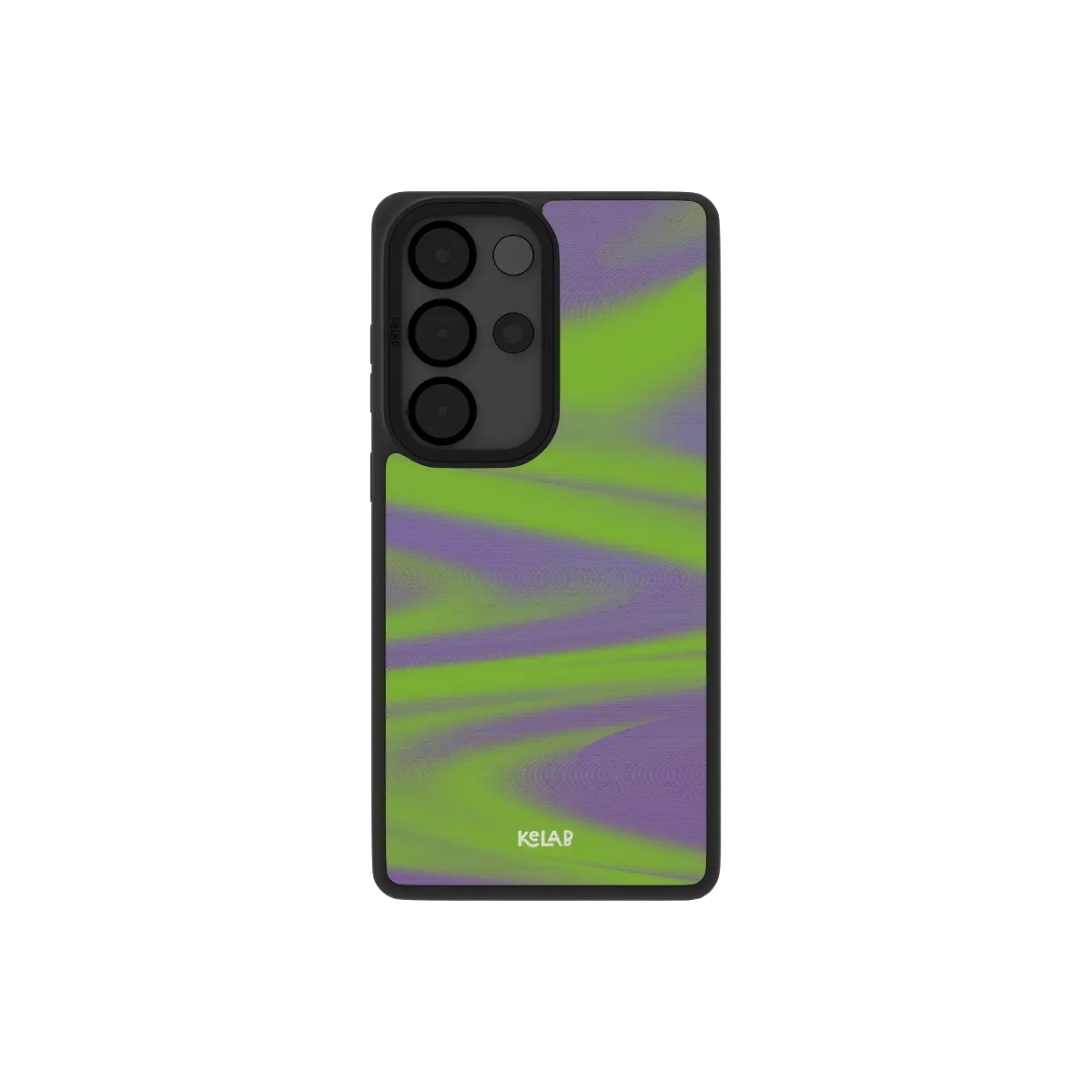 Neon green Y2K Samsung Galaxy case, back view with abstract green and purple waves around the camera cutout