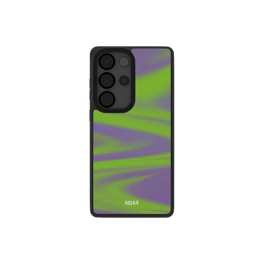 Neon green Y2K Samsung Galaxy case, back view with abstract green and purple waves around the camera cutout