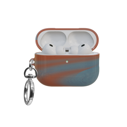 Orange Blue Abstract Wave airpods pro case front view with open lid and keychain