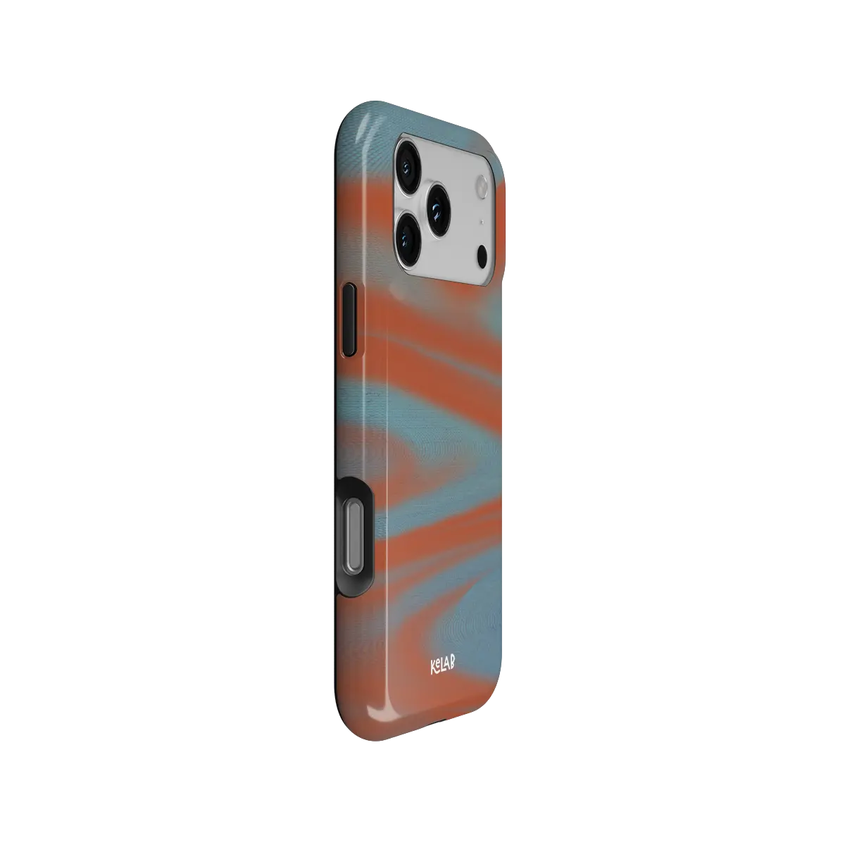 Y2K Orange Abstract Wave iPhone Case, side angle view showing precise button cutouts and wraparound edge