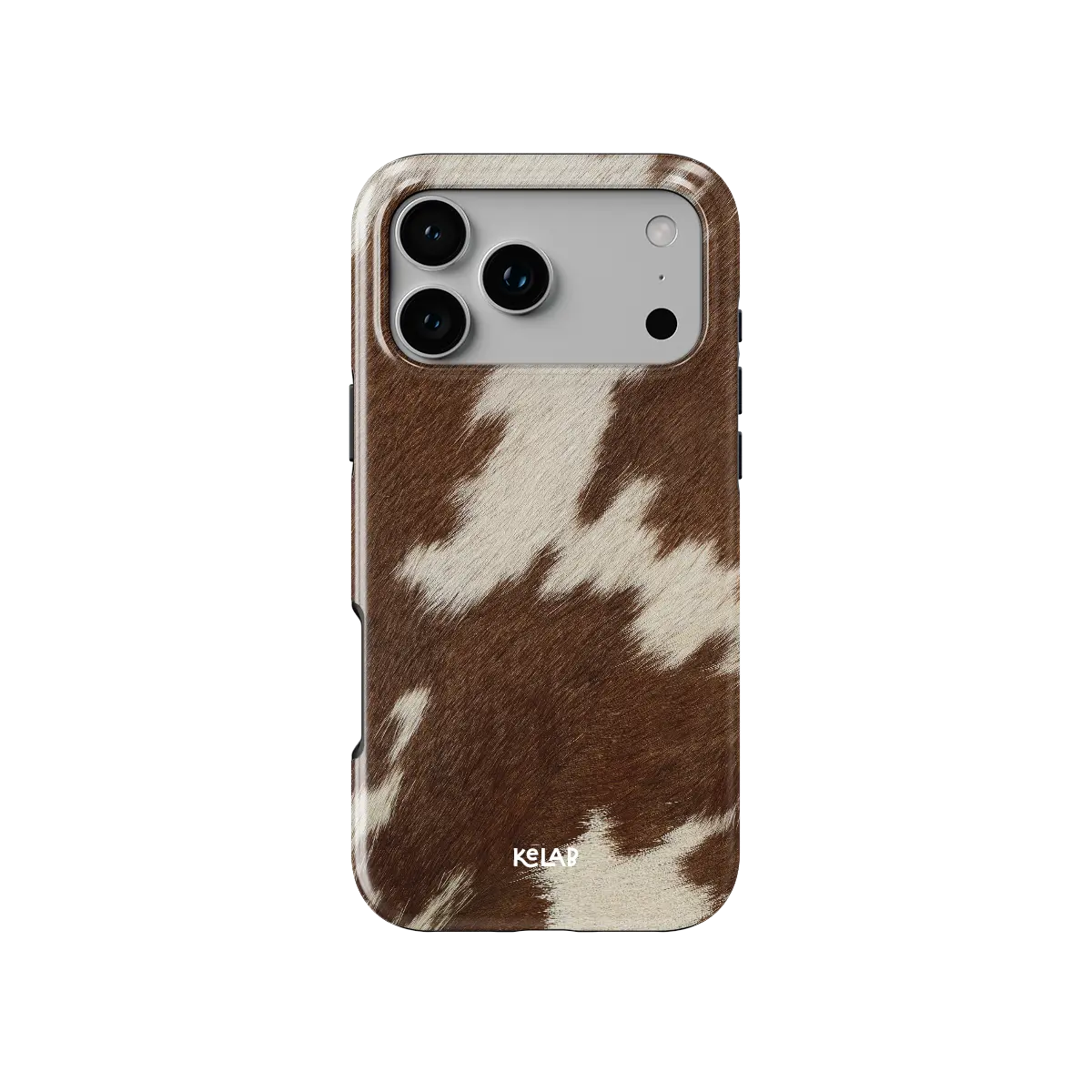 KELAB iphone case with cow print animal pattern on glossy brown polycarbonate shell