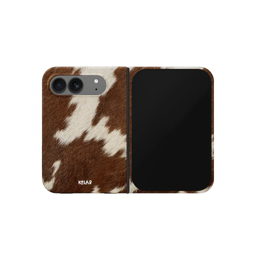 Brown & White Cow Print, Western iPhone 18 Fold Case, unfolded front view