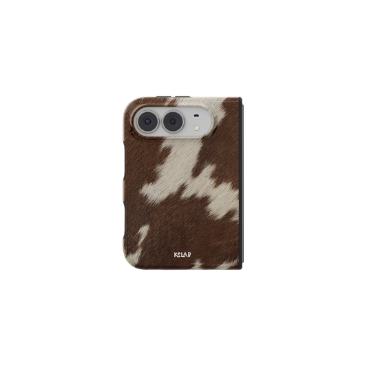 Brown & White Cow Print, Western iPhone 18 Fold Case, unfolded front view