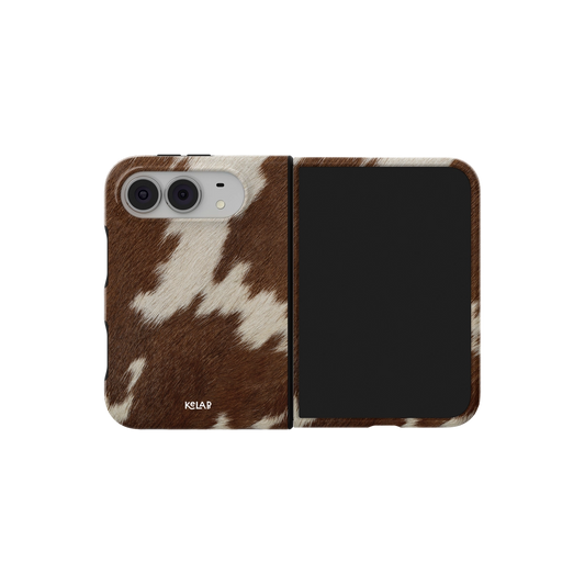 Brown & White Cow Print, Western iPhone 18 Fold Case, unfolded side view showing the hinge
