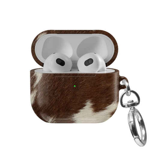 Rodeo Drive brown and white cow print AirPods case, front view with open lid