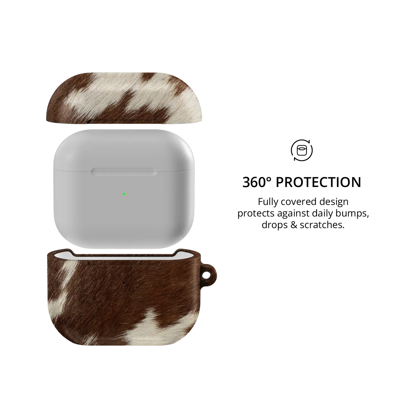Rodeo Drive brown and white cow print AirPods case, 360 degree protection