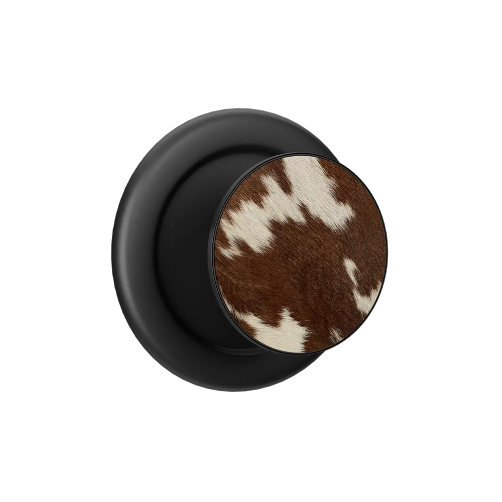 Brown cow print pop grip with black base featuring built-in strong magnets for MagSafe phone grip.