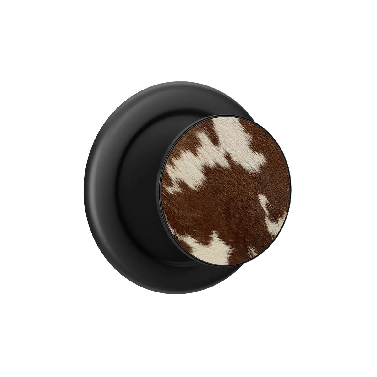 Brown cow print pop grip with black base featuring built-in strong magnets for MagSafe phone grip.