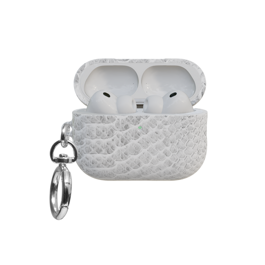 White Snake Skin Print airpods pro case front view with open lid and keychain