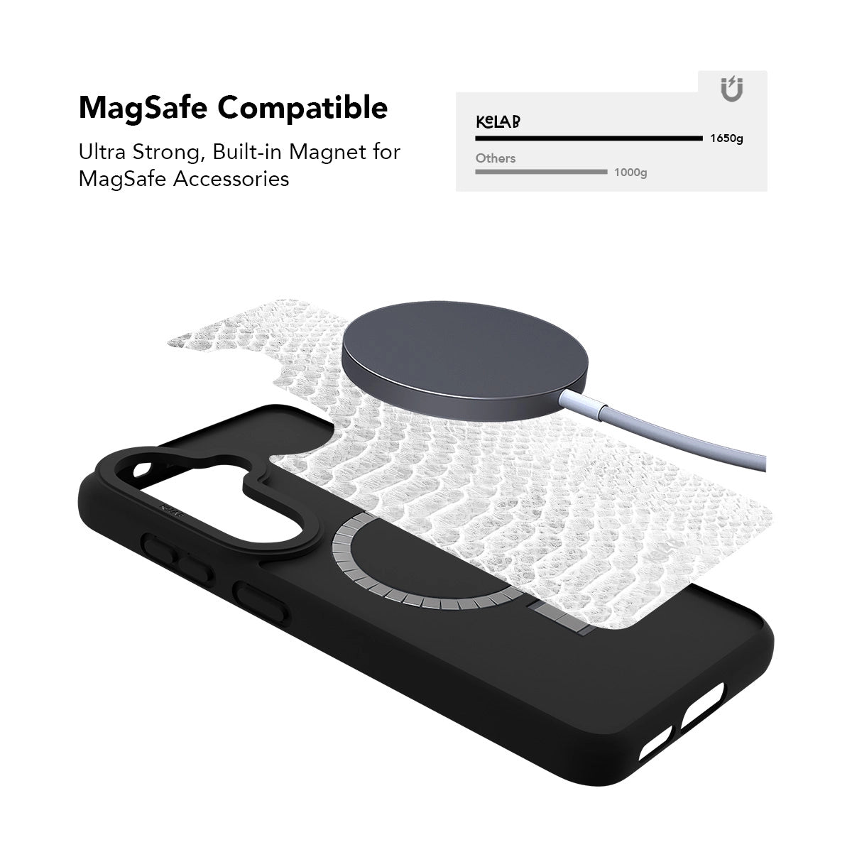 Samsung Galaxy phone case in white with snake skin pattern and MagSafe compatibility