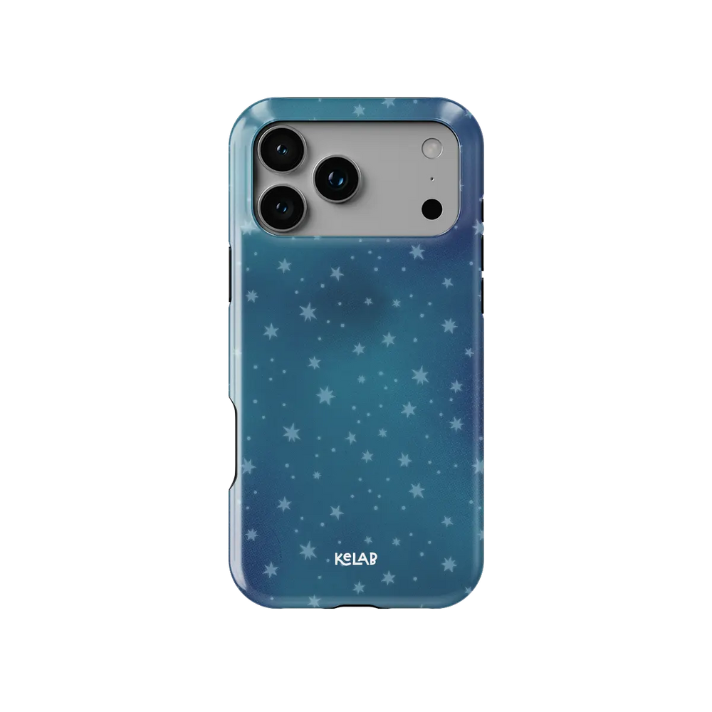 Moon Mist starry midnight blue Tough iPhone case, front view showing the pattern.