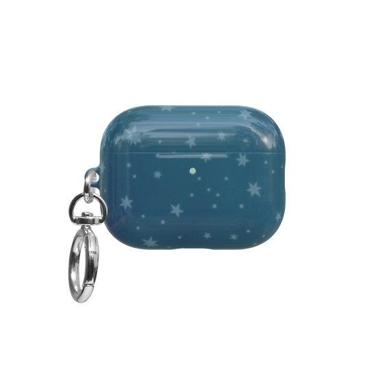 Starry Blue Celestial airpods pro case front view with closed lid and keychain