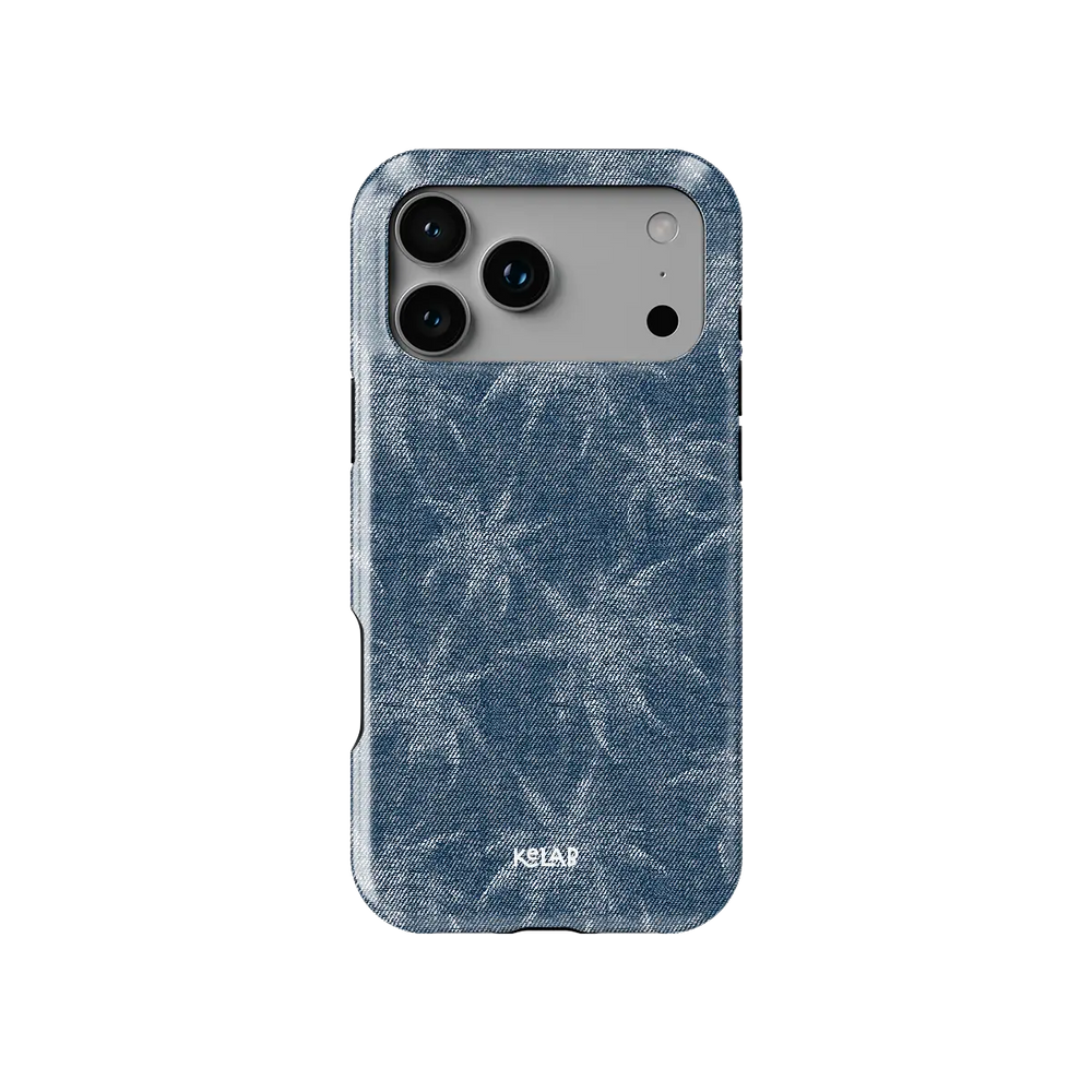 Denim Tree blue patterned Tough iPhone case, front view showing the pattern.