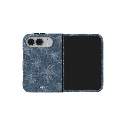 Blue Patterned, Jean Texture Aesthetic iPhone 18 Fold Case, unfolded side view showing the hinge