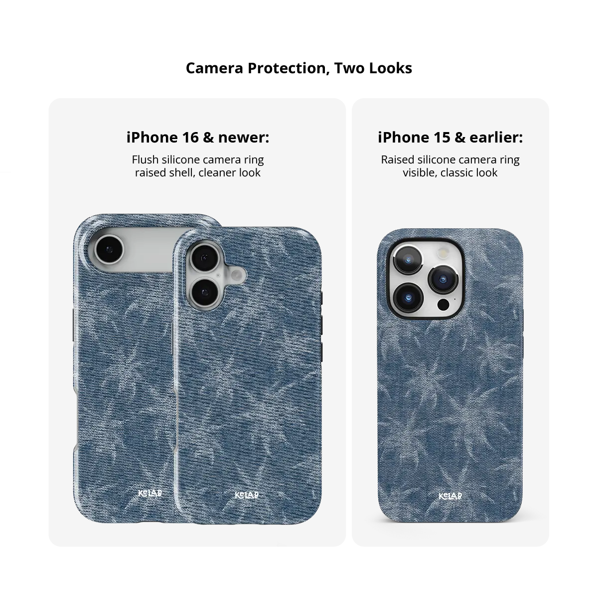 Denim Tree blue patterned Tough iPhone case size comparison across iPhone 15 to 18 models.