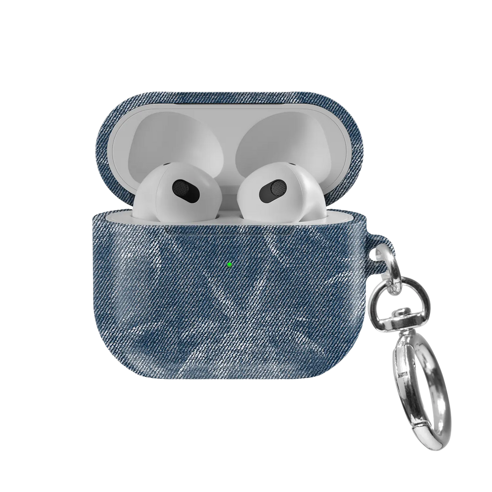 Denim Tree | Blue Patterned AirPods Case - front view with open lid