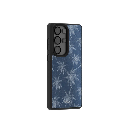 Blue denim Samsung Galaxy case at a side angle showing the wrapped button covers