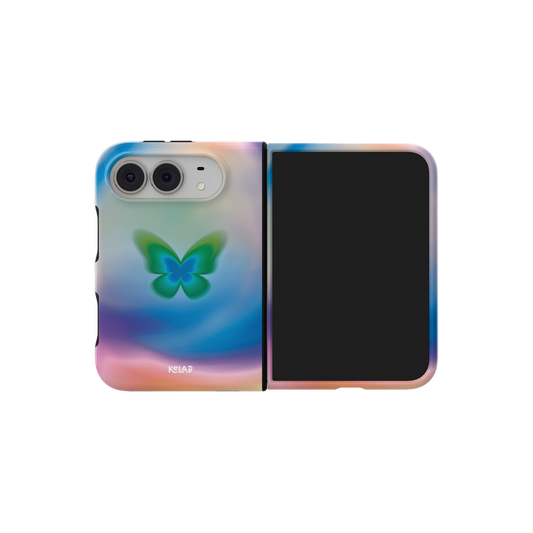 Gradient Butterfly, Dreamy Aura iPhone 18 Fold Case, unfolded side view showing the hinge
