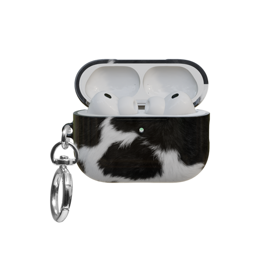 Black & White Cow Print airpods pro case front view with open lid and keychain