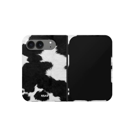 Black & White Cow Print, Western iPhone 18 Fold Case, unfolded front view
