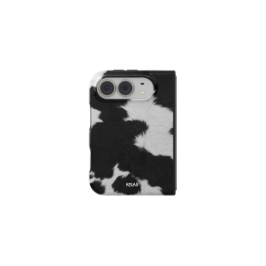 Black & White Cow Print, Western iPhone 18 Fold Case, unfolded front view
