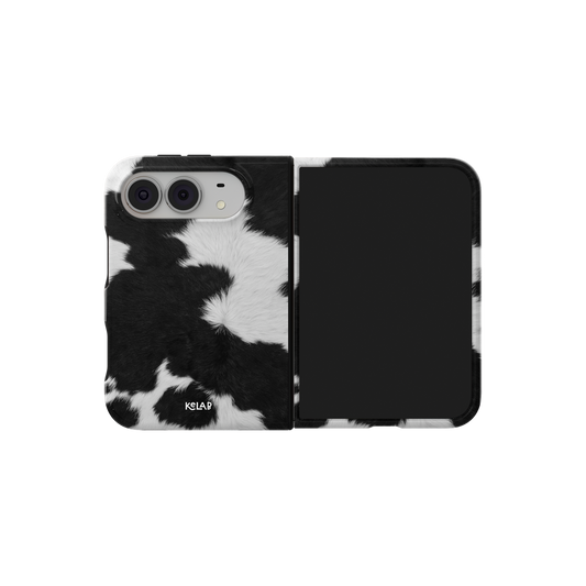 Black & White Cow Print, Western iPhone 18 Fold Case, unfolded side view showing the hinge