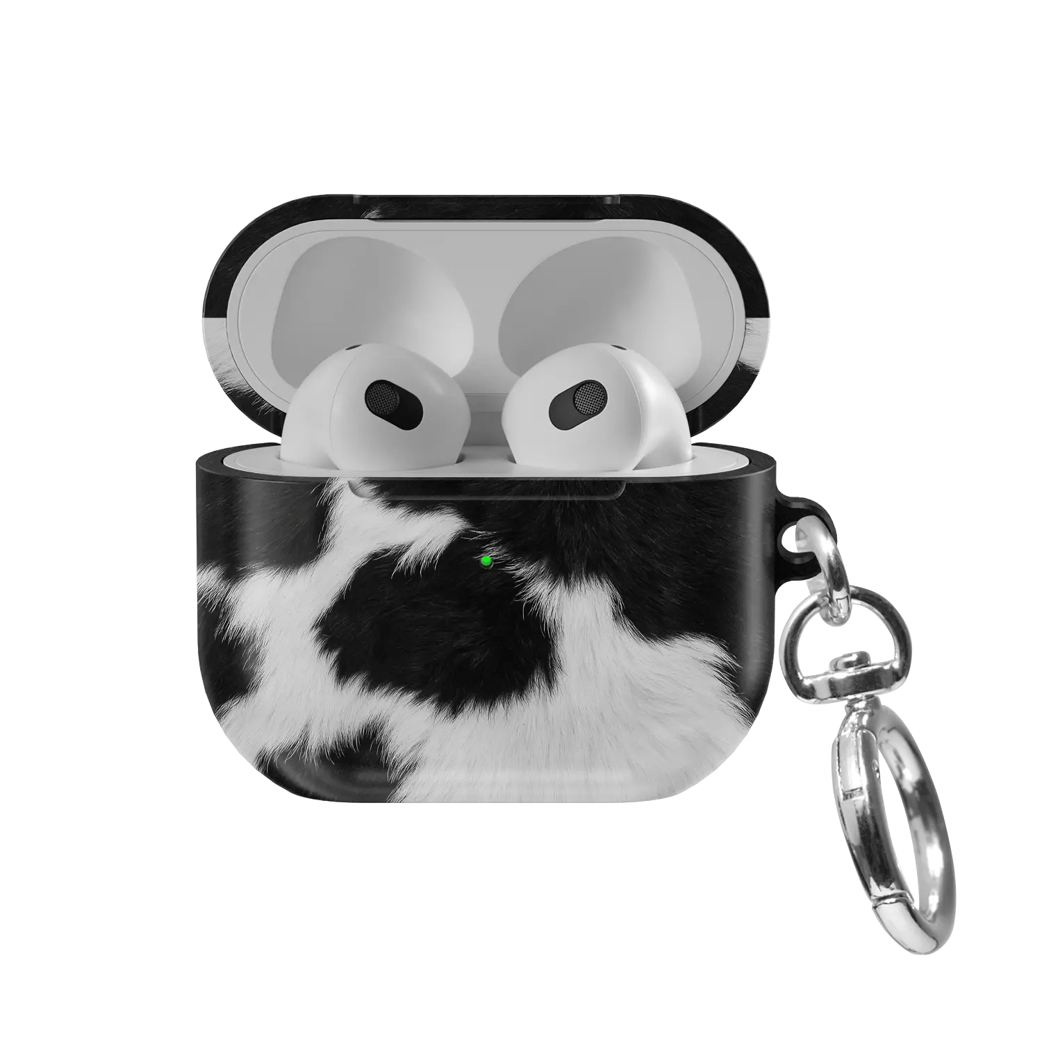 Cow Bell black and white cow print AirPods case, front view with open lid