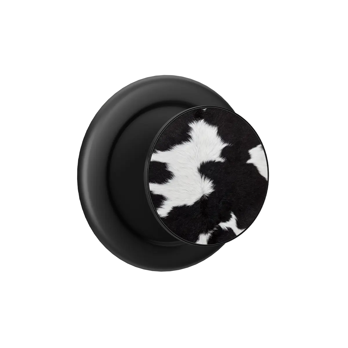 Black cow print MagSafe phone grip pop grip with built-in strong magnets and round base.