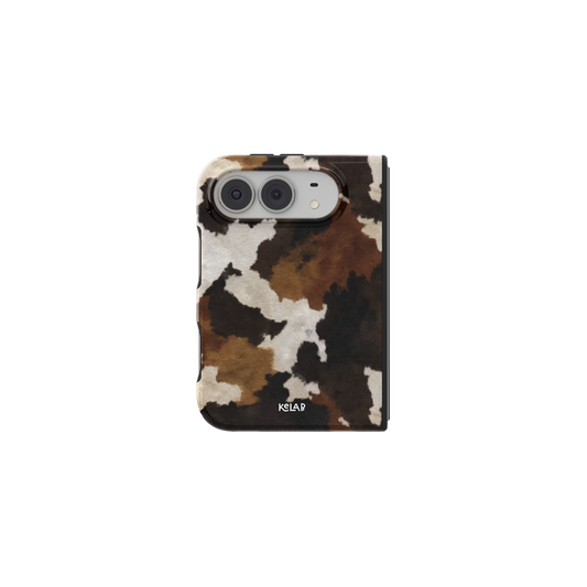 Brown Black Cow Print, Western iPhone 18 Fold Case, unfolded front view