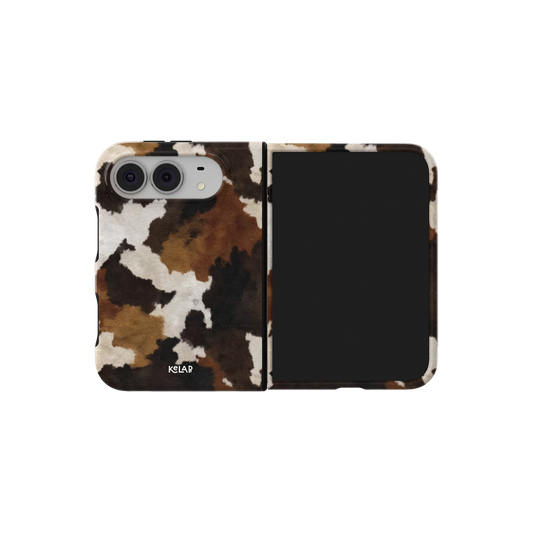 Brown Black Cow Print, Western iPhone 18 Fold Case, unfolded side view showing the hinge