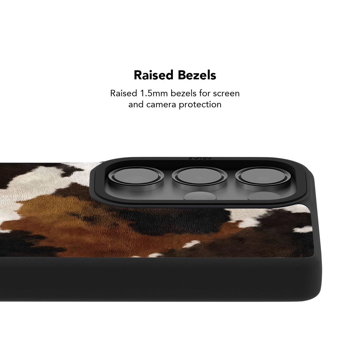 Samsung Galaxy phone case in a classic cow print design with raised bezels for screen protection