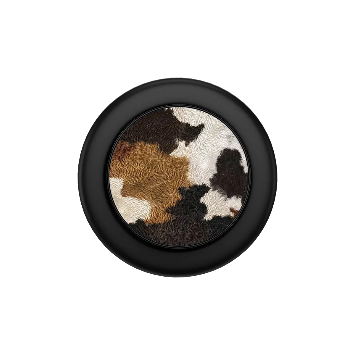 Black MagSafe phone grip with cow print design and built-in strong magnets pop grip.