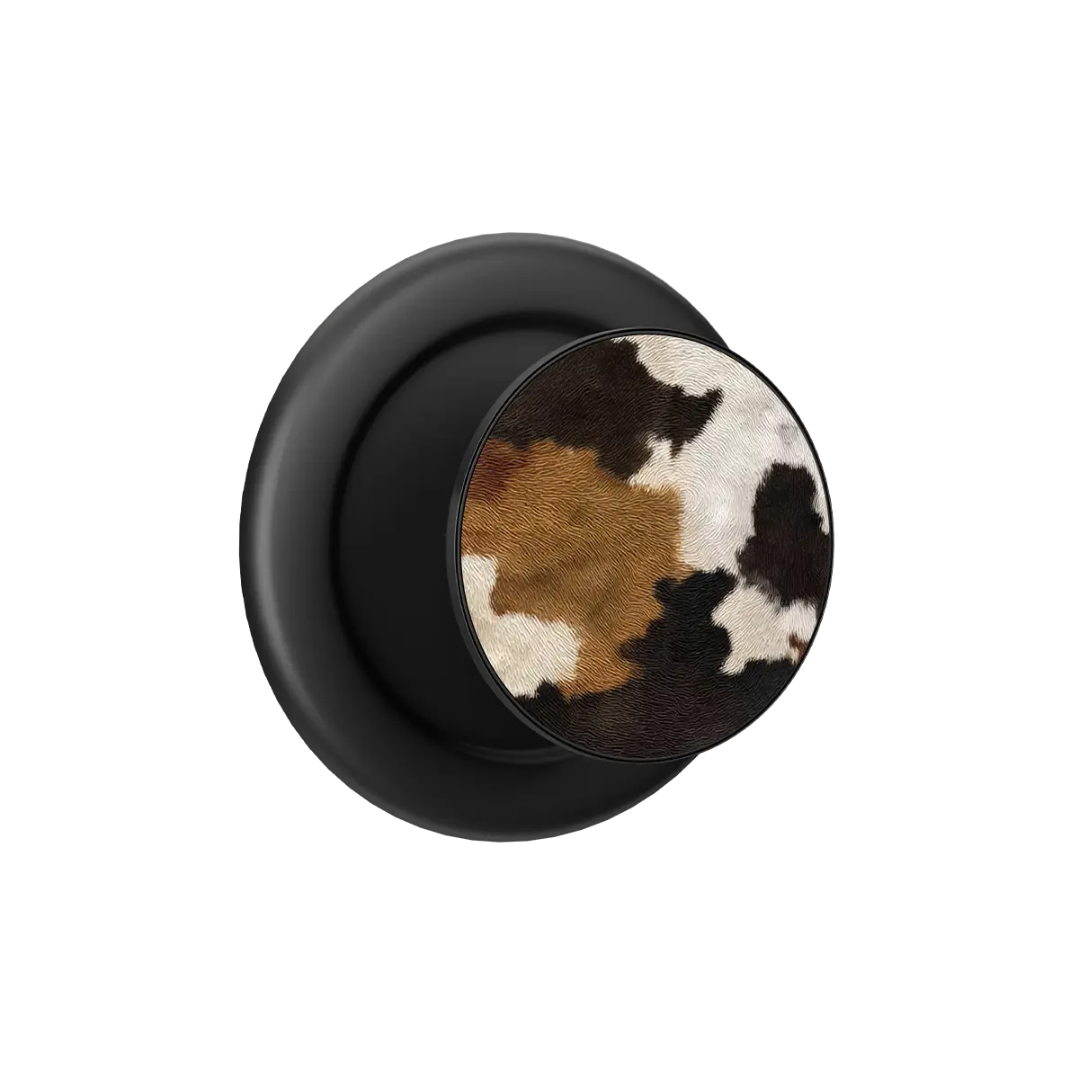 Cow print MagSafe phone grip pop grip with built-in strong magnets and black base.