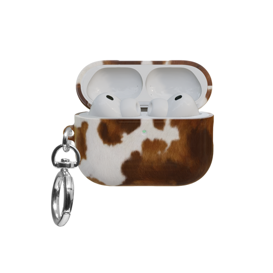 Brown & Cream Cow Print airpods pro case front view with open lid and keychain