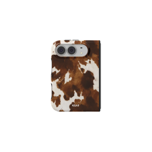 Mahogany Cow Print, Western iPhone 18 Fold Case, unfolded front view